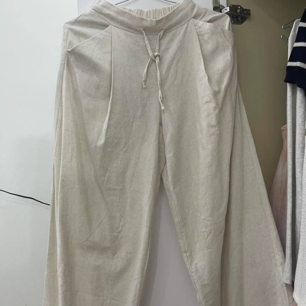 Beige Wide Leg Drawstring Pants